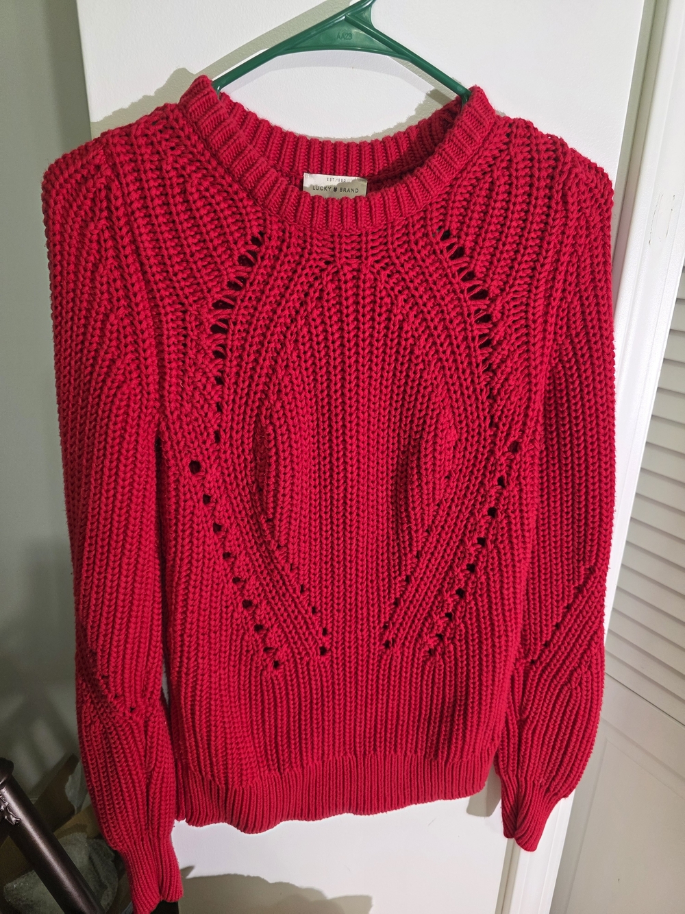 Lucky Brand Bright Red Open-Stitch Crewneck Sweater